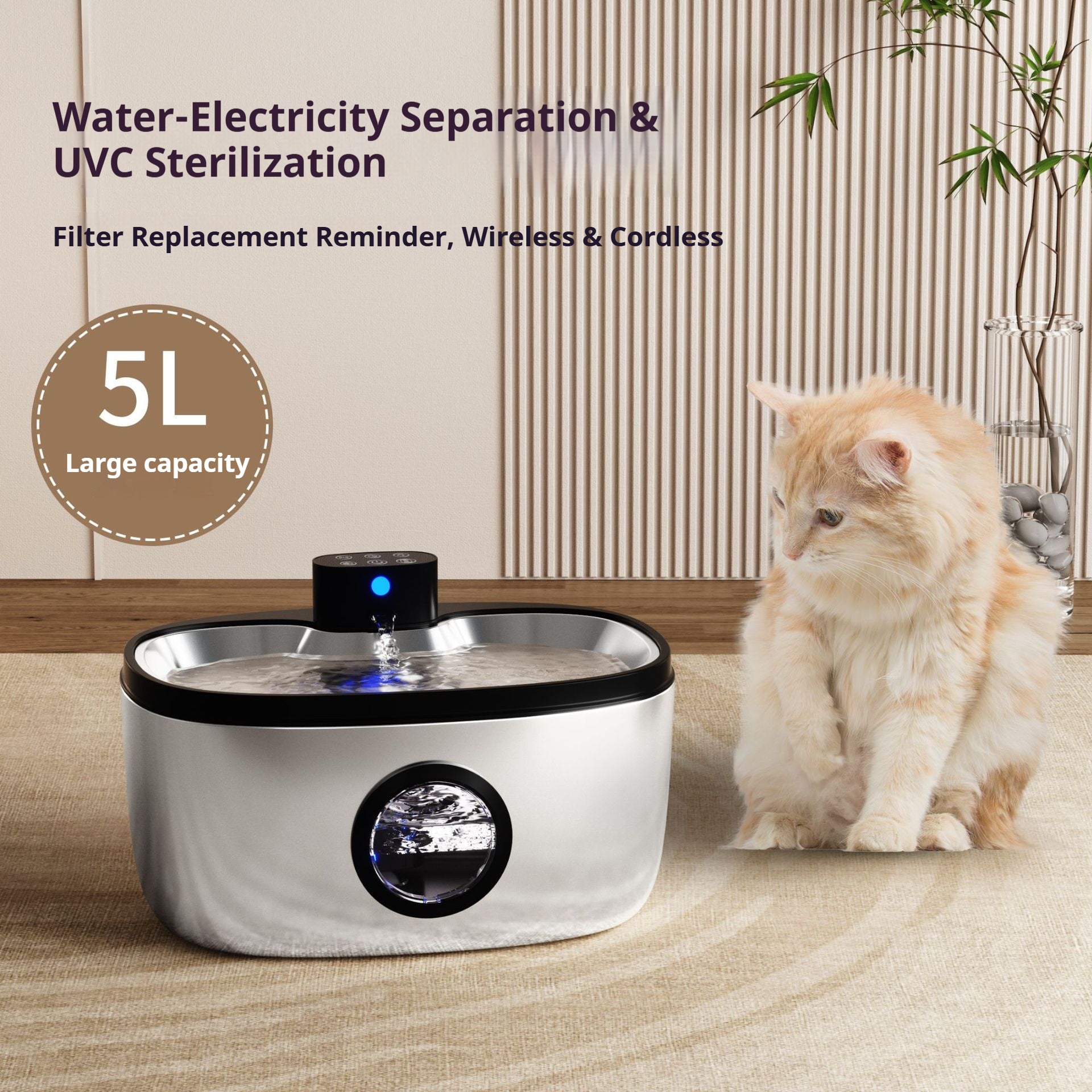 5L Pet Water Fountain with Water-Electricity Separation, Smart Cat Fountain Water Dispenser, 304 Stainless Steel, Cat and Dog Water Dispenser