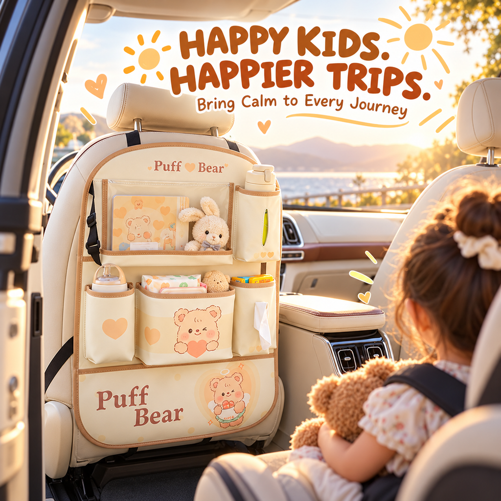 Car seat-back organizer: storage bag, tissue holder, trash bin, and rear-seat storage box
