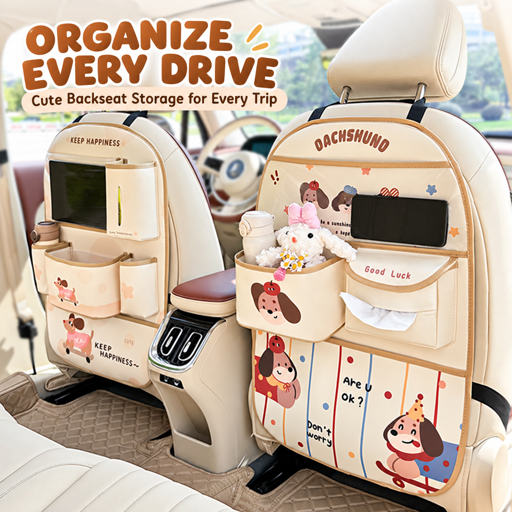 Car seat-back organizer: storage bag, tissue holder, trash bin, and rear-seat storage box