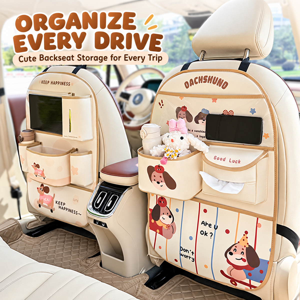 Car seat-back organizer: storage bag, tissue holder, trash bin, and rear-seat storage box