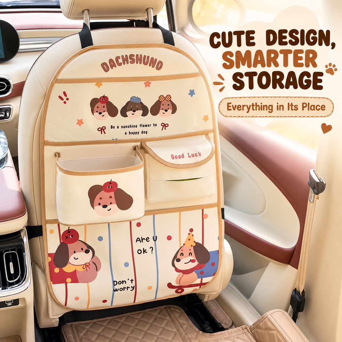 Car seat-back organizer: storage bag, tissue holder, trash bin, and rear-seat storage box