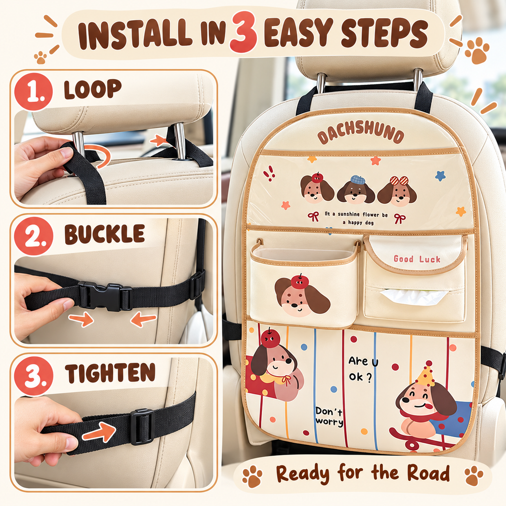 Car seat-back organizer: storage bag, tissue holder, trash bin, and rear-seat storage box