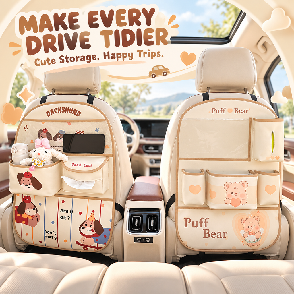 Car seat-back organizer: storage bag, tissue holder, trash bin, and rear-seat storage box