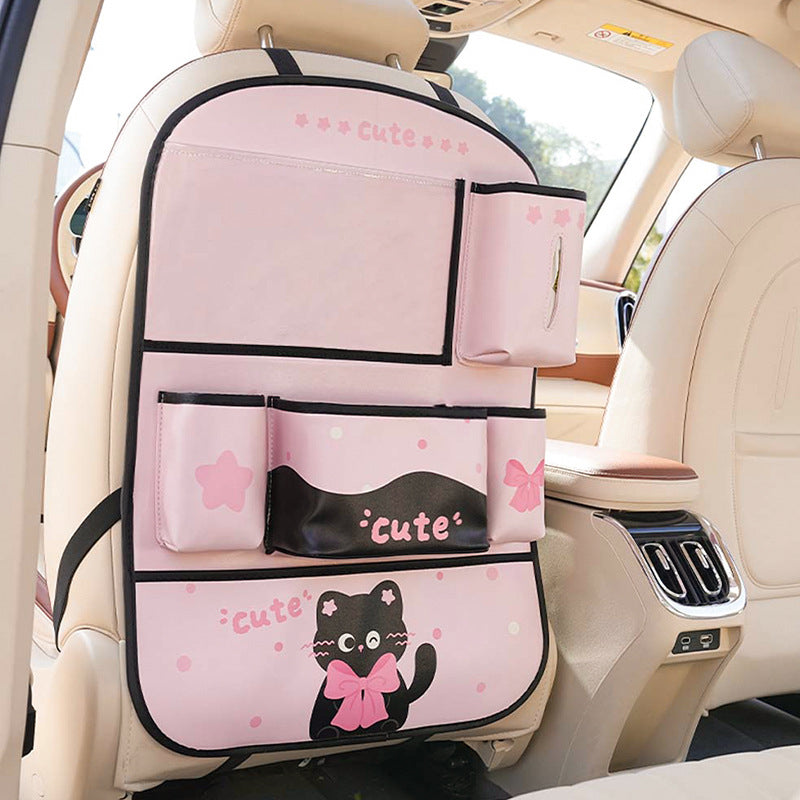 Car seat-back organizer: storage bag, tissue holder, trash bin, and rear-seat storage box