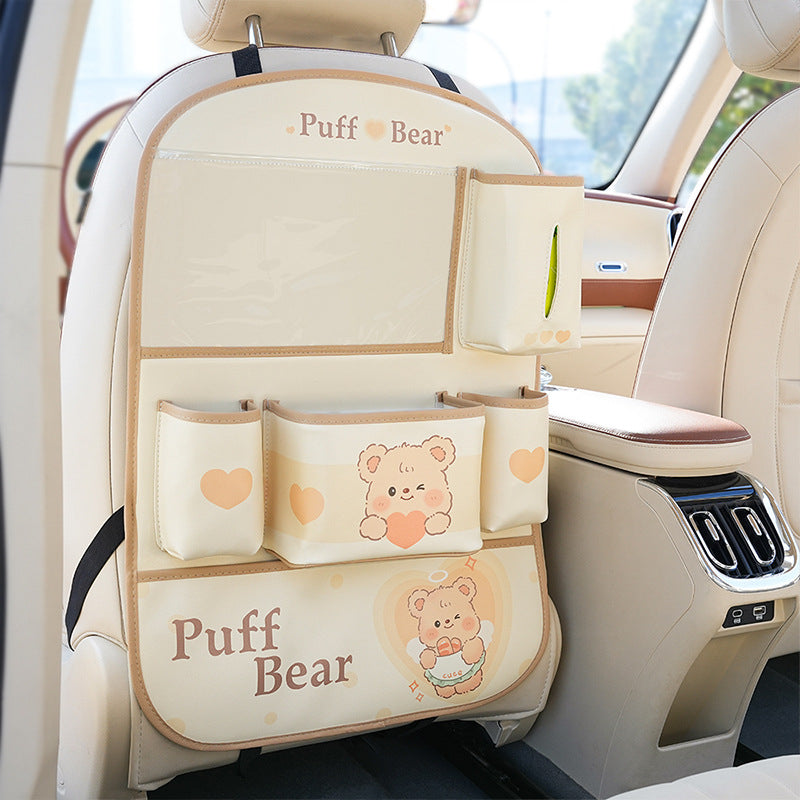 Car seat-back organizer: storage bag, tissue holder, trash bin, and rear-seat storage box
