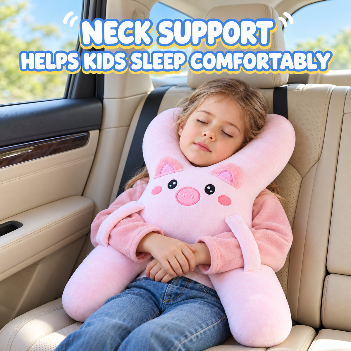 Car Headrest & Lumbar Support Pillow – Cute Cartoon Travel Pillow for Backseat Sleeping (Prevents Neck Chafing)