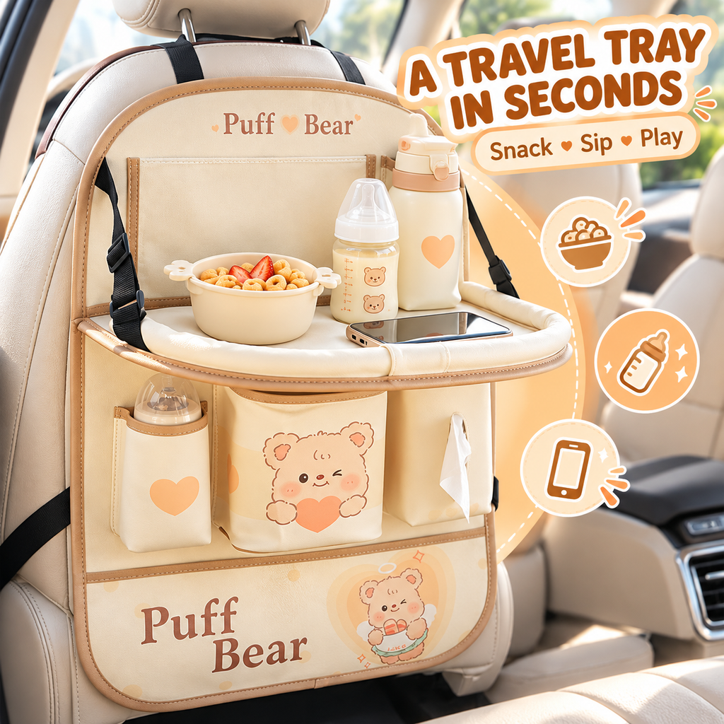Car seat-back organizer: storage bag, tissue holder, trash bin, and rear-seat storage box