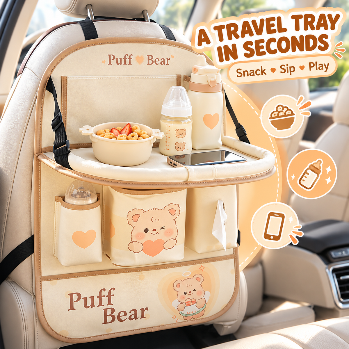 Car seat-back organizer: storage bag, tissue holder, trash bin, and rear-seat storage box