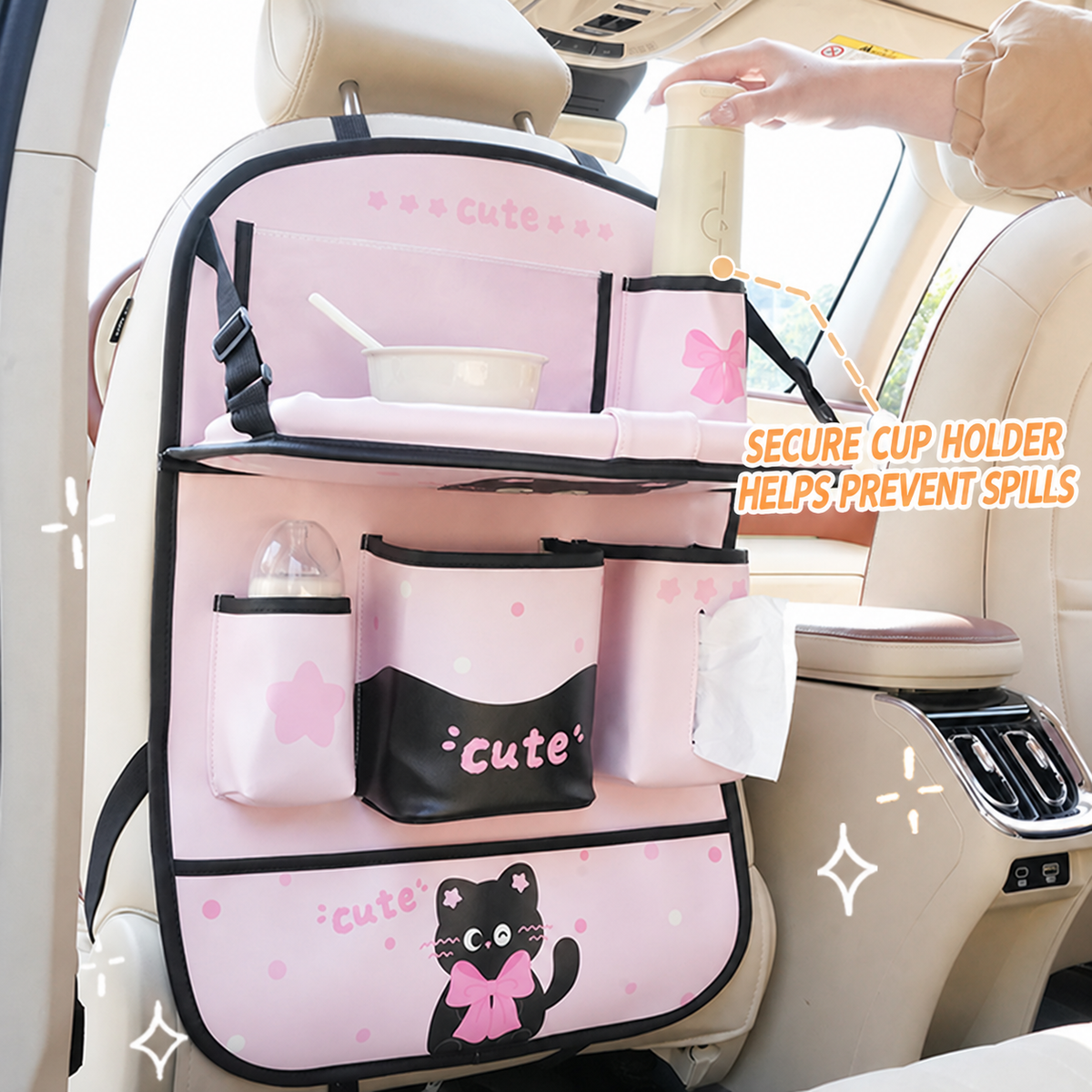 Car seat-back organizer: storage bag, tissue holder, trash bin, and rear-seat storage box