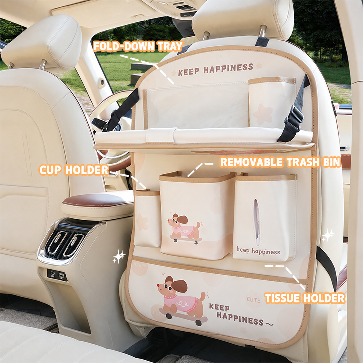 Car seat-back organizer: storage bag, tissue holder, trash bin, and rear-seat storage box