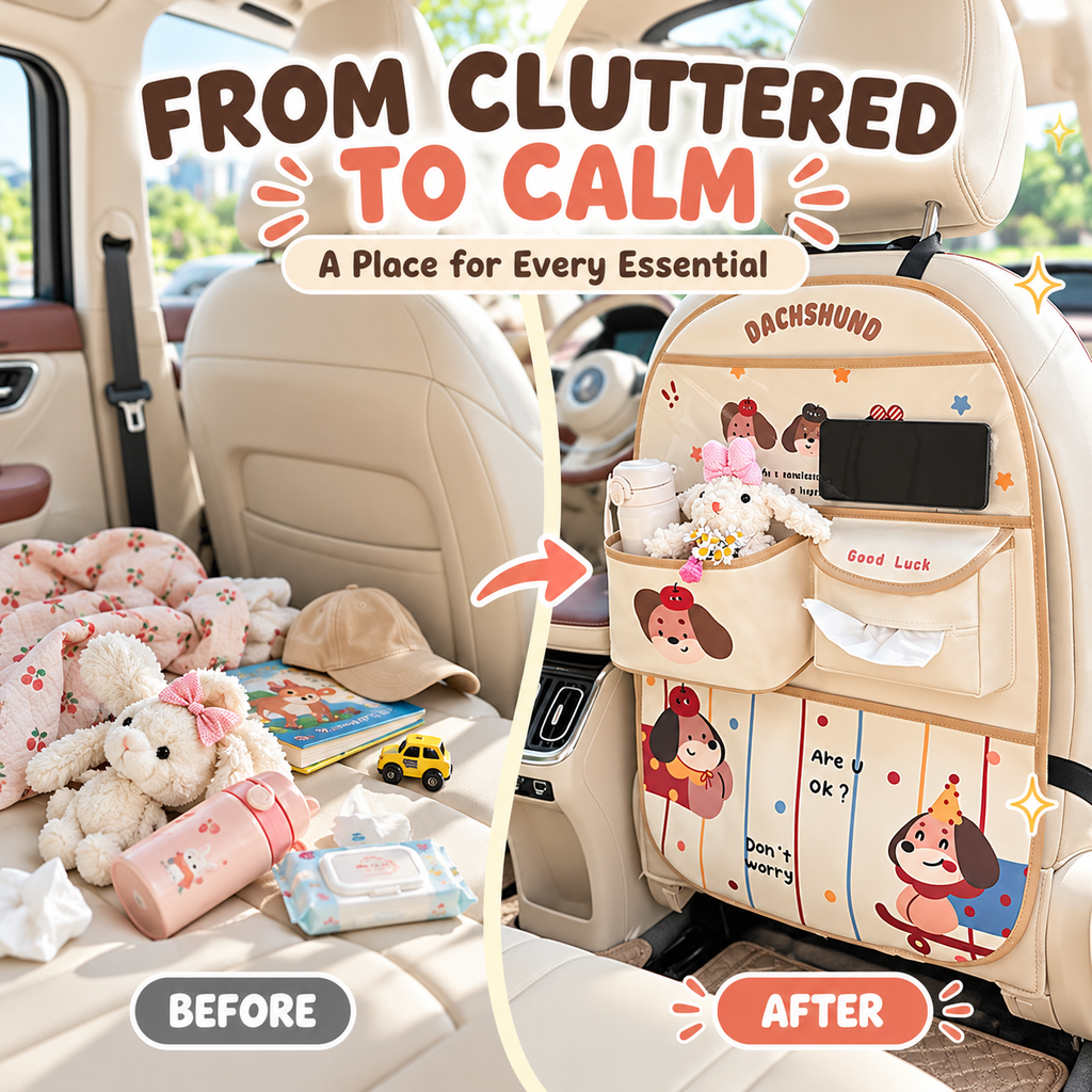 Car seat-back organizer: storage bag, tissue holder, trash bin, and rear-seat storage box