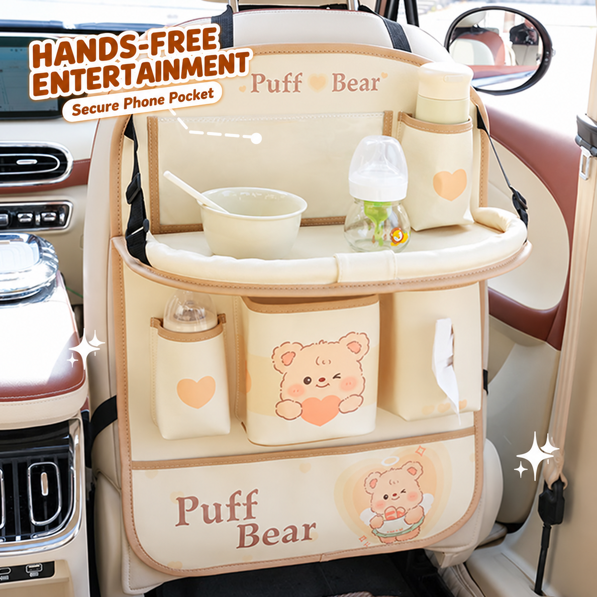Car seat-back organizer: storage bag, tissue holder, trash bin, and rear-seat storage box